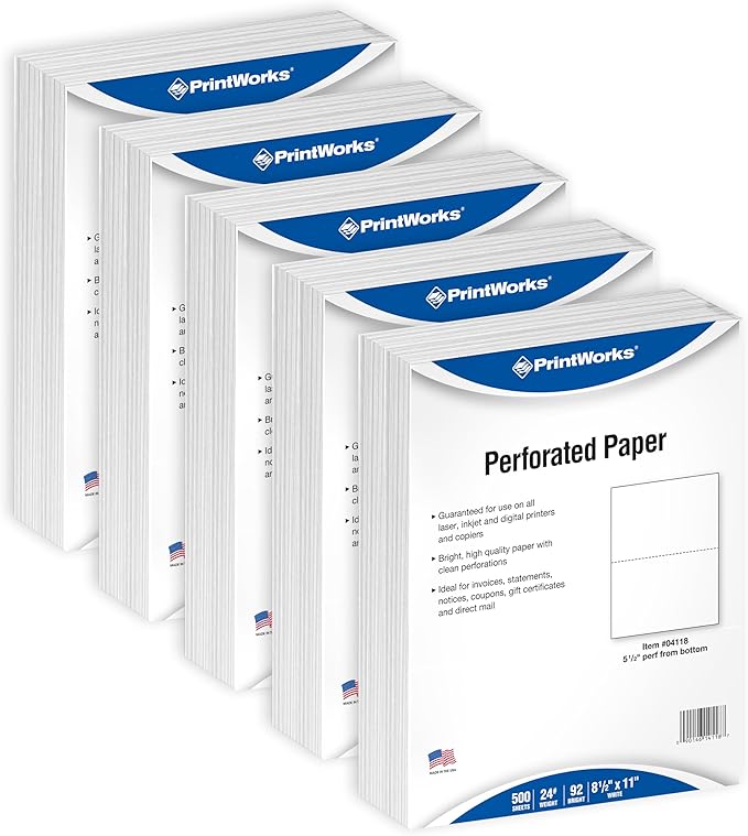 PrintWorks Professional Half Sheet Perforated Paper 8.5” x 11” - Perfect For W-2, 1099, & Statement Use - Made in the USA - 2500 Sheets - 24 lb - A5 Paper - Printer Compatible - White (04118C)