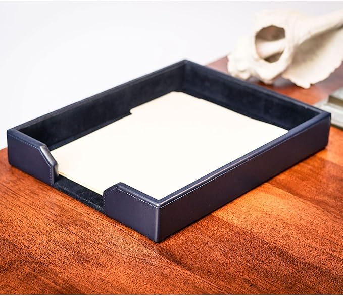 Dacasso Navy Blue Bonded Leather Luxury Letter Tray Holder & Paper Organizer for Desk - Executive Desk Decor & Office Organization Essential