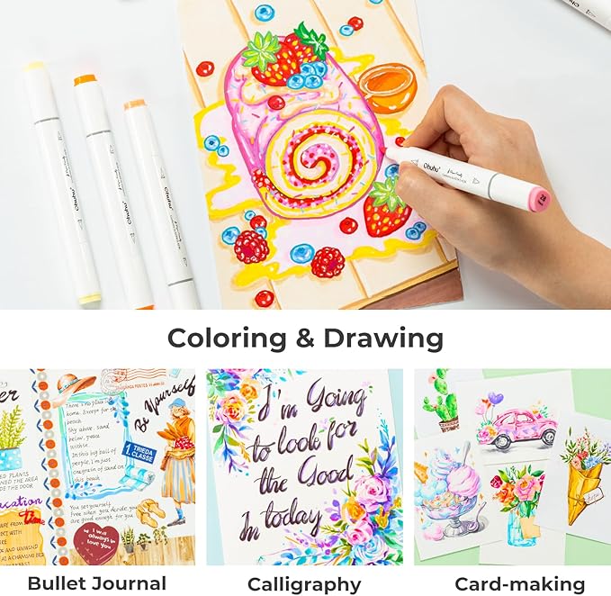 Ohuhu Markers Paper-friendly No Peeling Water-based 60 Colors Dual Brush Fine Tips Coloring Markers for Adult Coloring Books No Bleeding Drawing Pens for Kids Adults Beginner Calligraphy