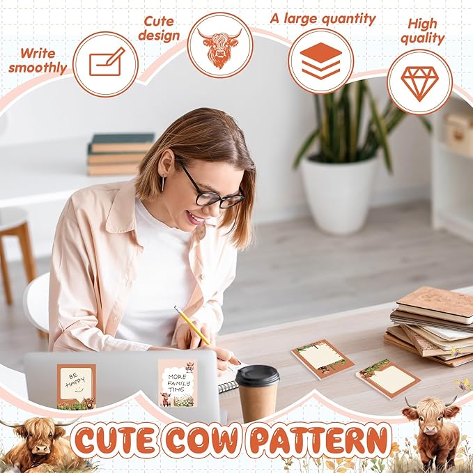 Sabary 9 Pads Cute Sticky Notes Animal Sticky Note Pads 3.15 x 3.94 Inches Colored Adhesive Memo Reminder Decor for Journal School Office Gifts(Highland Cattle)