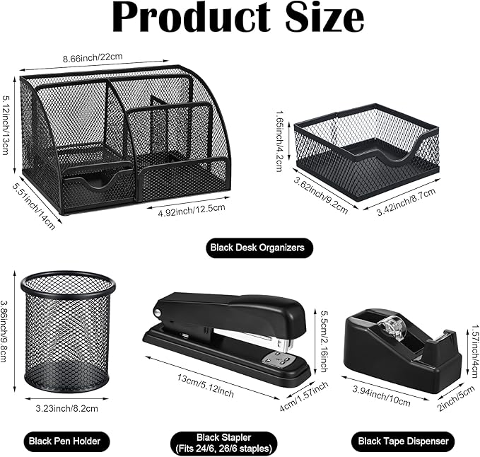 Black Desk Organizer and Accessories, Black Desk Asccessories Office Supply Kit Include Mesh Desktop Organizer Stapler 1000 Staples Tape Dispenser Pen Holder Staple Remover Clips Ruler Scissors