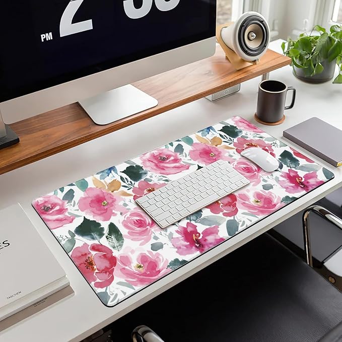 Large Gaming Mouse Pad for Desk,Watercolor Pink Flowers and Green Leaves Desk Mat for Desktop,Non-Slip Rubber Base Stitched Edge Long Computer Keyboard Mouse Mat Desk Pad for Home Office 35.4"X15.7"