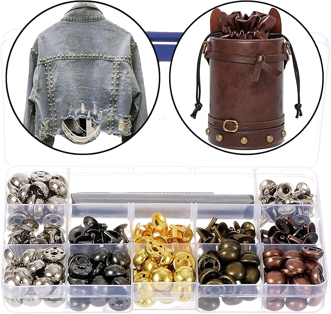 YORANYO 150 Sets 12x6mm Round Dome Leather Rivets Studs for Clothing Purse Feet for Handbags Studs and Spikes with Hole Punch and Mushroom Rivets Setter for Shoes Bags Belts Dog Collars Leather Craft