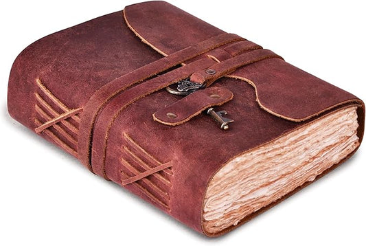 LEATHER VILLAGE Vintage Leather Journal – 200 Handmade Vintage Deckle Edge Paper – Leather bound Journal For Women Men – Vintage Key Closure - Book of Shadows - Red Brown - 10X7 inches