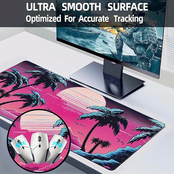 Desk Mat, Tropical Sunset and Palm Trees Extended Large Gaming Mouse Pad for Desk XXL, Non-Slip Rubber Base Stitched Edges Long Computer Keyboard Desk Pad Mouse Mat for Home Office Gaming 35.4"X15.7"