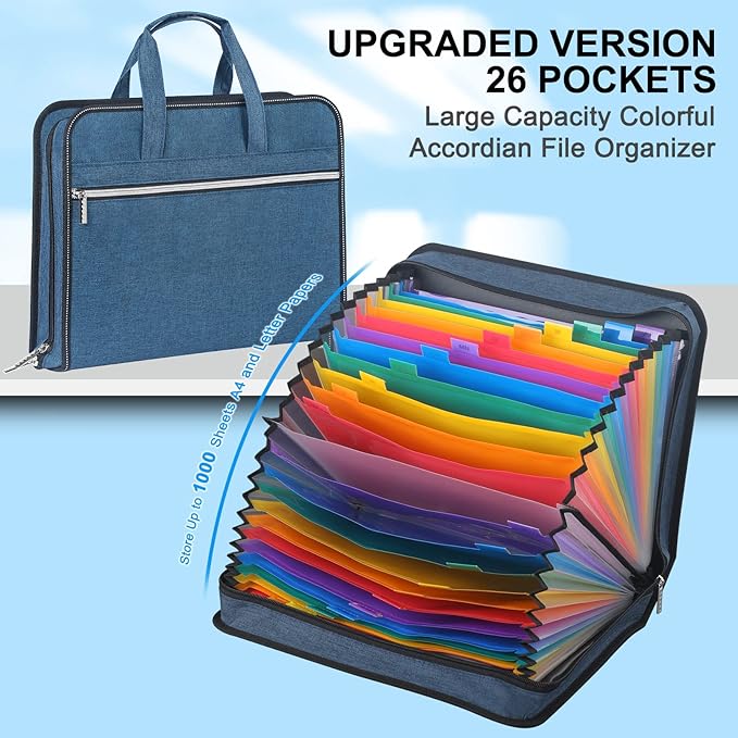 SEEKIND Accordian File Organizer with Handle,26 Pockets Expanding File Folder, Portable Cloth Document Organizer Accordion File Keeper for Letter Size / A4 File, for Office, School-Teal