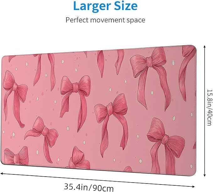 Large Pink Mouse Pad with Bows, Non-Slip Desk Mat for Laptop PC, Gaming Mousepad, 35.4 x 15.8 inches