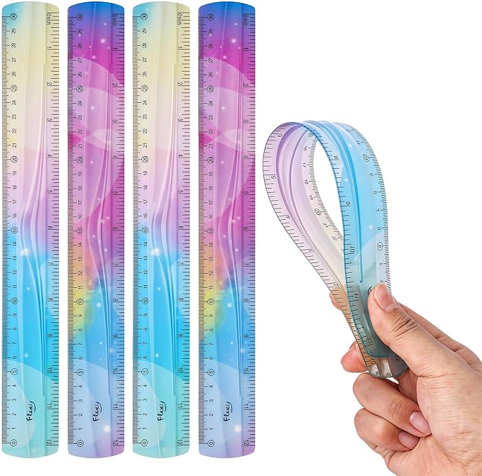 Grevosea 4 Pieces Flexible Rulers, 30cm/12inch Plastic Ruler Shatterproof Straight Edge Ruler Soft Bendable Rulers for School Classroom Office Kids & Adults