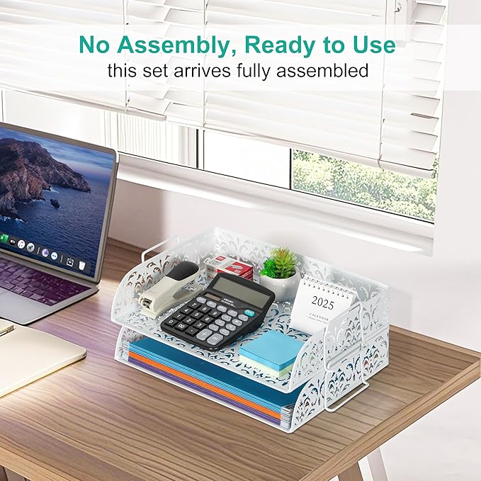 EasyPAG Paper Organizer for Desk 2 Tier Stackable Paper Tray for A4 Legal Size Folders Metal File Storage Desktop Organizer for Home Office School Teacher, White