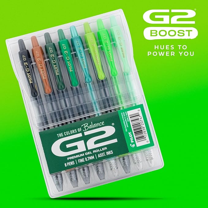 Pilot G2 Premium Gel Roller Pens, Fine Point Gel Pens, Boost Green Pack, The Colors of Balance, 8-Pack Pouch, 0.7 mm, Assorted - Ideal for School, Journaling, & Office Writing