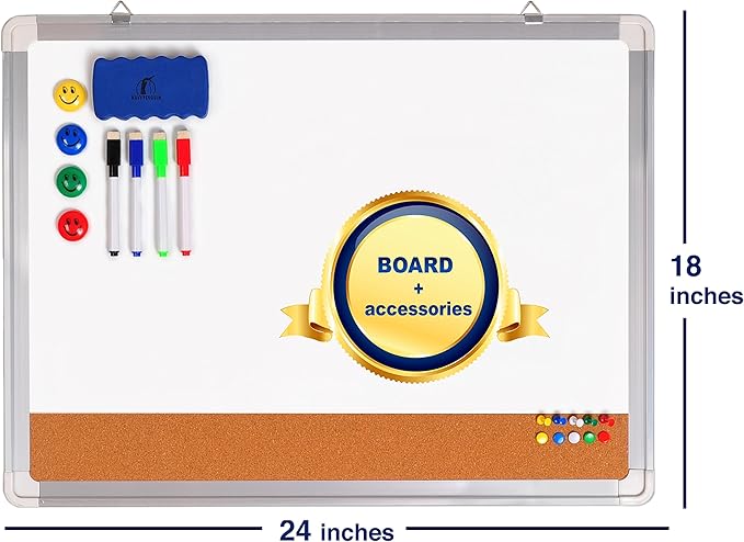 White Board Cork Board Combo - 24x18 in Dry Erase Board with Cork and 1 Magnetic Eraser, 4 Dry Wipe Markers, 4 Magnets and 10 Pins - Wall Hanging Whiteboard with Corkboard for Home and Office