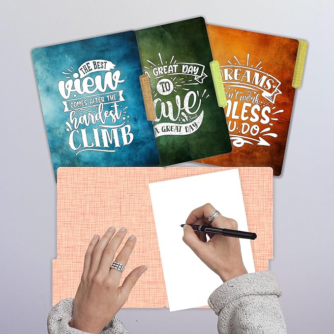 PARTH IMPEX 12 Pack Decorative File Folders, 1/3 Cut Tab with Assorted Positions, Letter Size Paper Holders (9.37” x 11.75”) Matte Finish Laminated for Office School Work - Inspirational Quotes Design