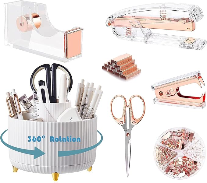 Rose Gold Desk Organizers and Accessories 7Pcs Set with 360-Degree Rotating Pen Holder, Acrylic Stapler, Tape Holder, Staple Remover, Binder/Paper Clips Kit, Scissor and 1 Box of Staples