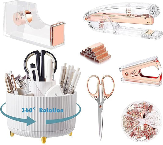 Rose Gold Desk Organizers and Accessories 7Pcs Set with 360-Degree Rotating Pen Holder, Acrylic Stapler, Tape Holder, Staple Remover, Binder/Paper Clips Kit, Scissor and 1 Box of Staples