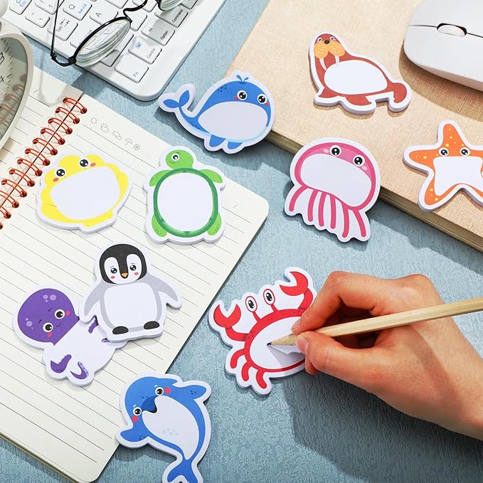 Yinder 24 Pads Cute Sticky Notes Kawaii Fun Animal Sticky Notes Pads Bulk Cartoon Memo Self Adhesive for Veterinary Gift Office School Tab Party Supplies(Ocean Animals)