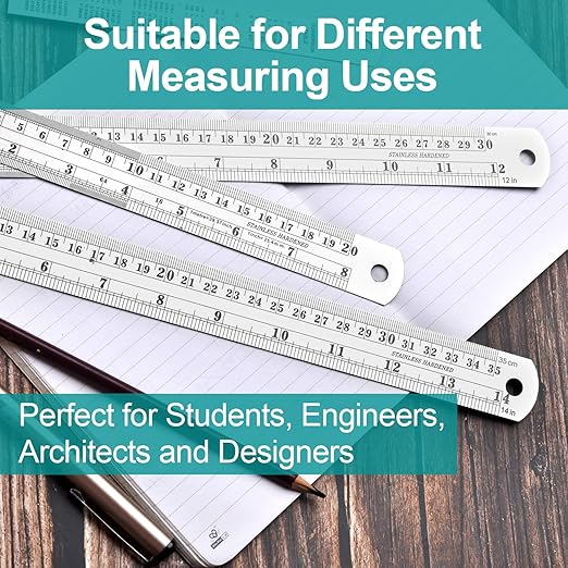 Metal Rulers, Steel Rulers Pack of 4, 6, 8, 12, 14-inch Stainless Steel Ruler