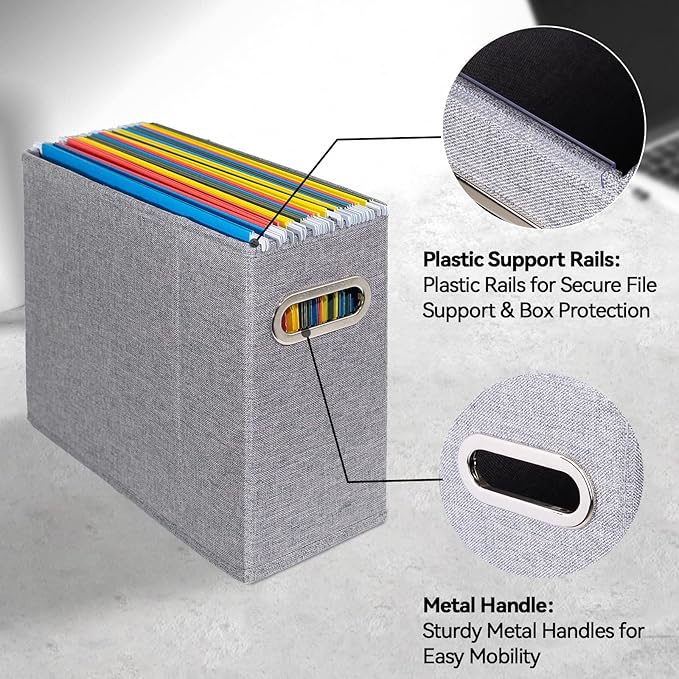 2 Packs Letter Size File Organizer, File Folders Organizer, Fabric Storage Box, Collapsible Paper Organizer with Metal Handle, Smooth PVC Rails, Only Box (Gray)