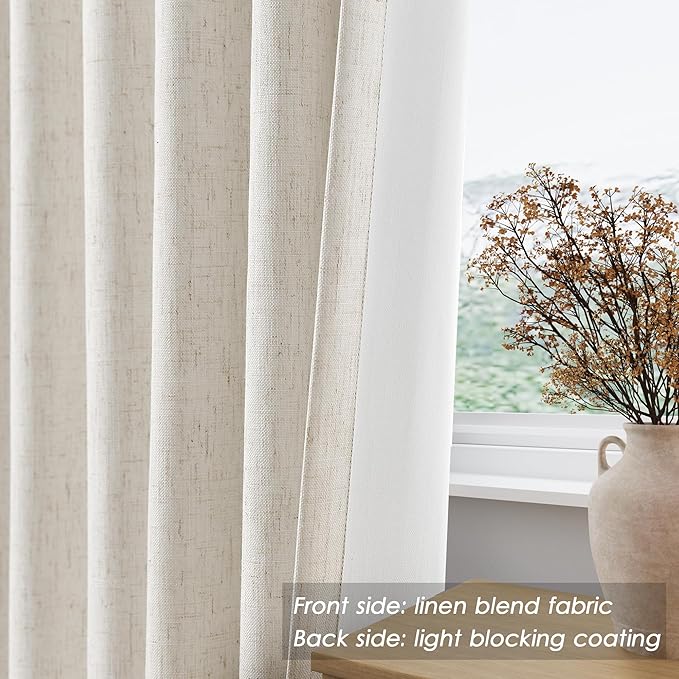 Beige White Linen Curtains 102 Inches Long Thermal Insulated Back Tab Rod Pocket Drapes Cooling Noise Cancelling Full Shading 2 Panels Set for Bedroom Modern Urban Curtains Drapes 52x102
