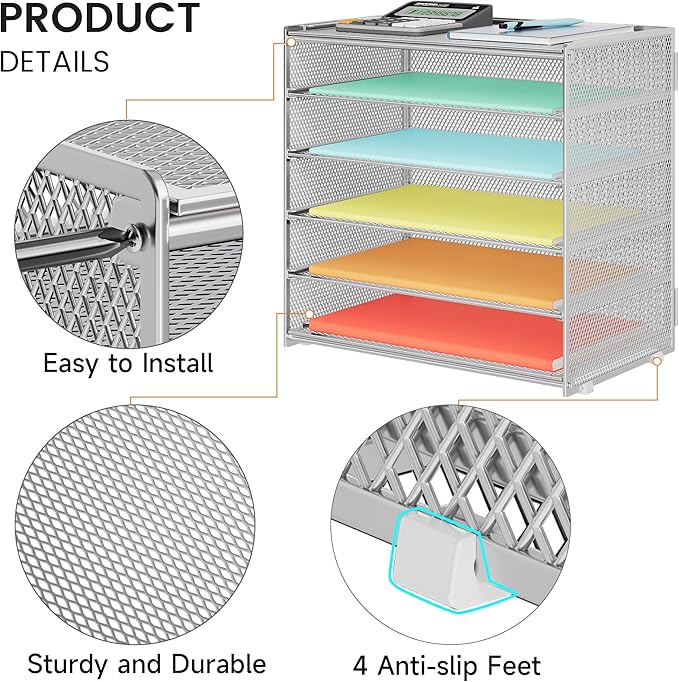 6 Tier Paper Organizer, Metal Mesh Desk File Folder, Letter Tray Organizer, Paper Sorter Desk Organizers for Office, Home or School File Folder Holder - Silver