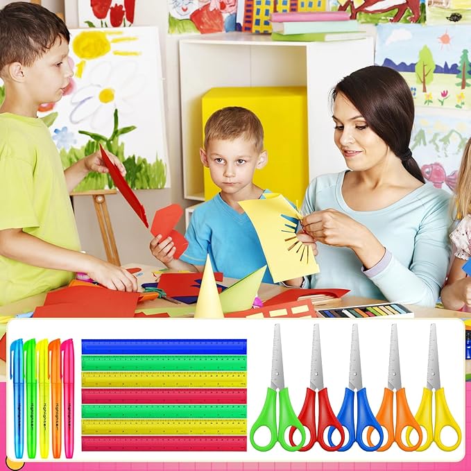 300 Pcs Back to School Supplies Kit, Include 100 Pcs 12 Inch Plastic Rulers 100 Pcs Assorted Colors Highlighters 100 Pcs Student Scissors for Kids Classroom Charity Donation Supplies (300)