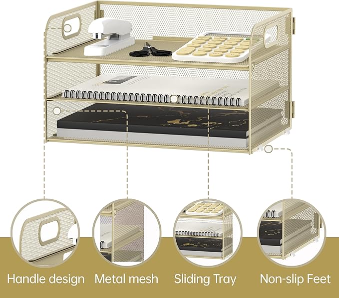 Supeasy 3 Tier Paper Organizer with Handle, Mesh Desk Organizer Letter Tray, Paper Tray File Organizer for A4 File Folder, Yellow