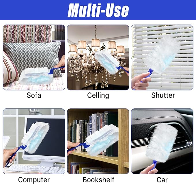 Elesunory 100 Pcs Duster Refills Bulk, Thickened Duster Refill Electrostatic Duster Head, Duster Refills for Cleaning with 4 Handles, Disposable Duster Refills for Cleaning Blinds, Ceiling Fans(Blue)