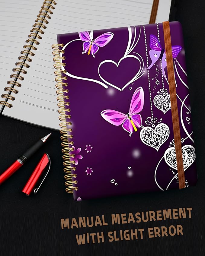 Ruled Spiral Writing Notebook,A5 Hardcover Lined College Journal for Women,Strong Twin-Wire Binding with Premium Paper,8.4" X 6",Perfect for School,Office,Home(Purple Heart Butterfly)