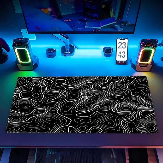 Black Topographic Map Desk Mat - Large Extended XL Gaming Mouse Pad with Stitched Edges, Full Desk Keyboard Mat for Laptop Computer, Abstract Art Desk Decor (31.5"x15.7")