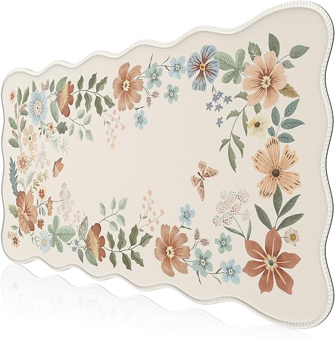 HAOCOO Scalloped Desk Matt for Desktop, Non-Slip Mouse Pad, Washable Cute Desk Pad Mat, Floral Keyboard Mat with Edge Stitching, Large Mouse Mat for Office Aesthetics, Home Decor(Beige)