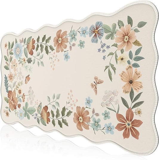 HAOCOO Scalloped Desk Matt for Desktop, Non-Slip Mouse Pad, Washable Cute Desk Pad Mat, Floral Keyboard Mat with Edge Stitching, Large Mouse Mat for Office Aesthetics, Home Decor(Beige)