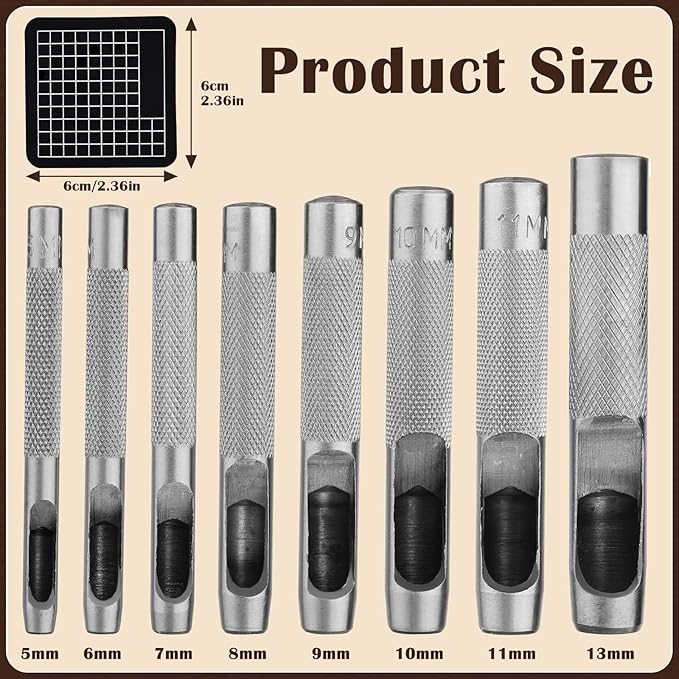 8 Pcs Leather Hole Punch Cutter 5mm-13mm Hollow Punch Set for Leather Crafting Round Hollow Tools for Watch Bands Belts Canvas Paper Rubber Soft Material Working