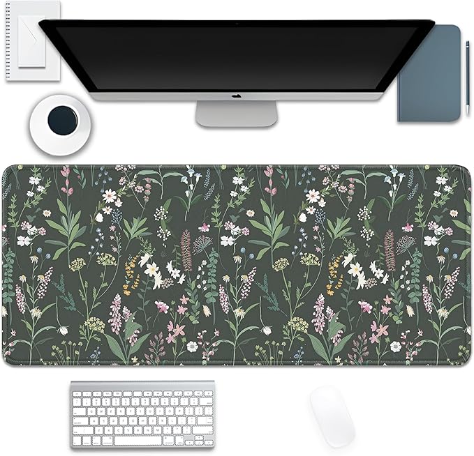 Green Plant Floral Mouse Pad,Large Flowers Mousepad Desk Pad with Stitched Edges,Non-Slip Waterproof Rubber Base Mouse Mat for Office Computer Keyboard Laptop Home(27.5x11.8 in)