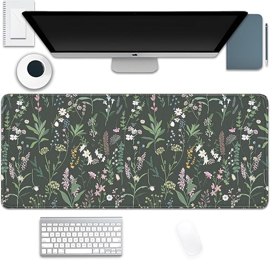 Green Plant Floral Mouse Pad,Large Flowers Mousepad Desk Pad with Stitched Edges,Non-Slip Waterproof Rubber Base Mouse Mat for Office Computer Keyboard Laptop Home(27.5x11.8 in)