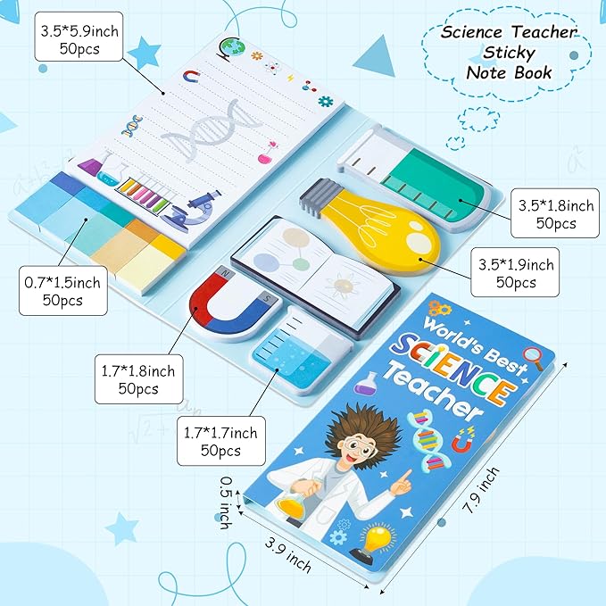 B1ykin Sticky Notes Set, Cartoon Theme Cute Self-Stick Notes Pad Teacher Appreciation Gifts， Self-Adhesive Writing Memo Pages Sticky to Do Notepad for Kids Employee School Office (Science Teacher)