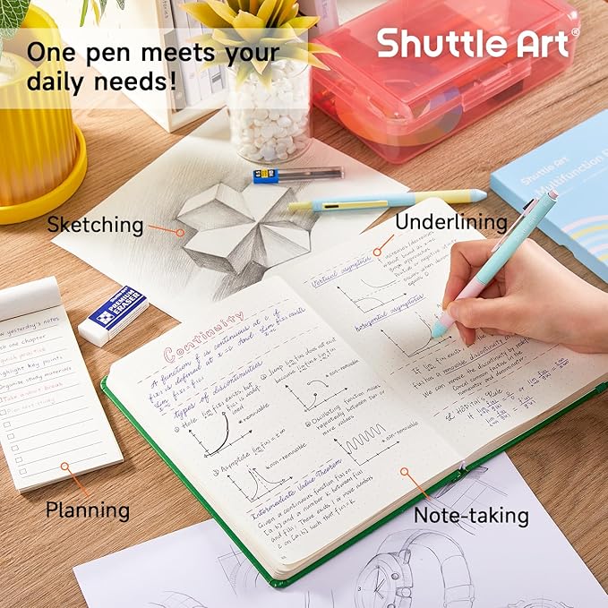 Shuttle Art 4 in 1 Multicolor Pen, 2 Pack Retractable Ballpoint Pens with 1.0mm Black Blue Red Ink and 0.5mm Mechanical Pencil, Multifunction Pens Fresh Style Gift Set for Writing School Office Home