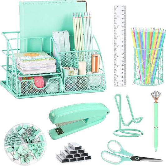 Green Desk Organizers and Accessories Office Supplies Set Stapler, Pen Holder, Phone Holder, Scissors, Pen, Ruler, 30 Paper Clips, 22 Binder Clip, 20 Tacks and 1000pcs Staples