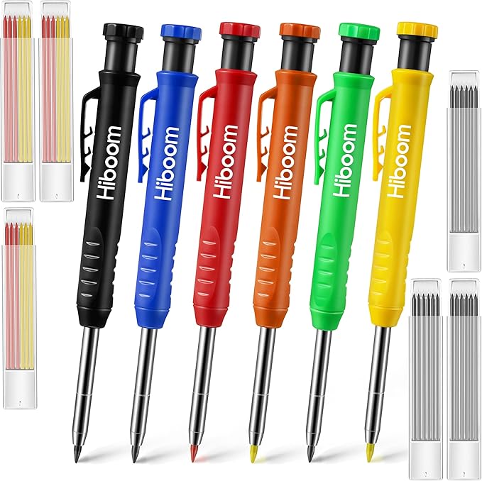 Hiboom 6 Pack Carpenter Pencil with Sharpener, Long Nosed Deep Hole Tip Mechanical Hole Marker with 36 Pcs 2.8 mm Refills for Woodworking Drafting Architect Construction, Design Patent