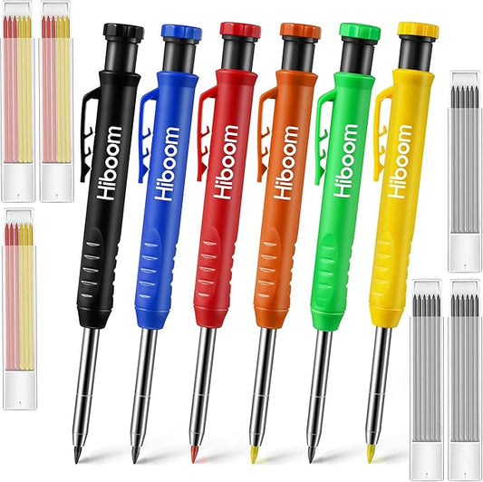 Hiboom 6 Pack Carpenter Pencil with Sharpener, Long Nosed Deep Hole Tip Mechanical Hole Marker with 36 Pcs 2.8 mm Refills for Woodworking Drafting Architect Construction, Design Patent