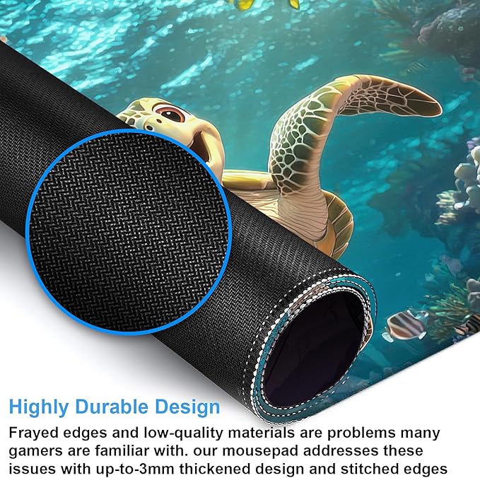 Desk Pad, Cute Cartoon Sea Turtle XXL Gaming Mouse Pad with Stitched Edges,Non-Slip Waterproof Rubber Base Large Desk Mat for Keyboard and Mouse 35.4"x15.7"