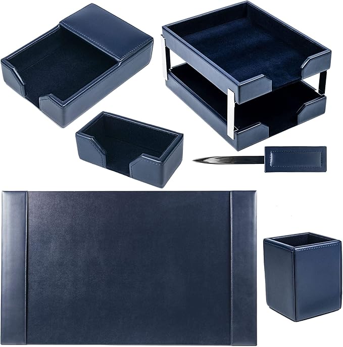 DACASSO Bonded Leather Desk Set - Luxury Leather Desk Pad & Desk Organization Essentials (Navy Blue, 8 Piece)