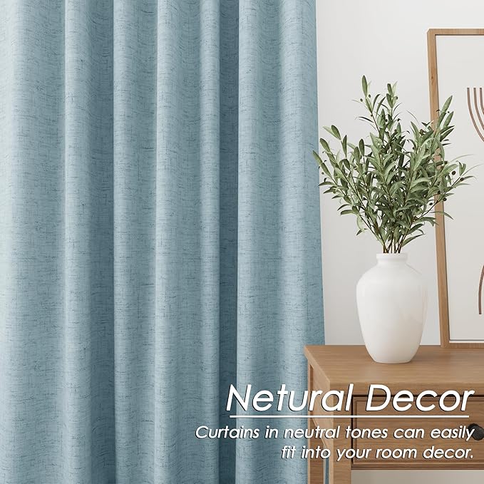 Light Blue Linen Blackout Curtains 108 Inches Long 2 Panel Set for Living Room Back Tab Pocket Drapes Cotton Textured Room Darkening Light Blocking Curtain for Bedroom Cottage High Window 52x108