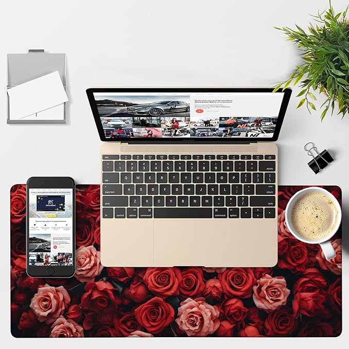 Beautiful Natural Roses Gaming Mouse Pad 3mm Thick Stitched Edge Waterproof Non-slip Large Computer Keyboard Mouse Mat,Suitable for Office Entertainment Decorative Desk Pad 35.4 x 15.7 Inches