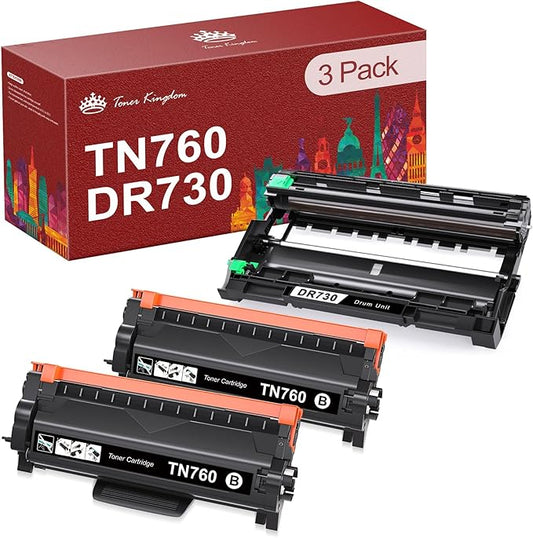 Toner Kingdom Compatible TN760 Toner Cartridge and DR730 Drum for Brother TN760 TN-760 TN730 TN-730 DR730 for Brother HL-l2395dw HL-L2350DW MFC-L2710DW Printer (2 Toners, 1 Drum Unit)