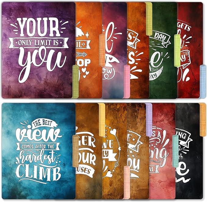 PARTH IMPEX 12 Pack Decorative File Folders, 1/3 Cut Tab with Assorted Positions, Letter Size Paper Holders (9.37” x 11.75”) Matte Finish Laminated for Office School Work - Inspirational Quotes Design