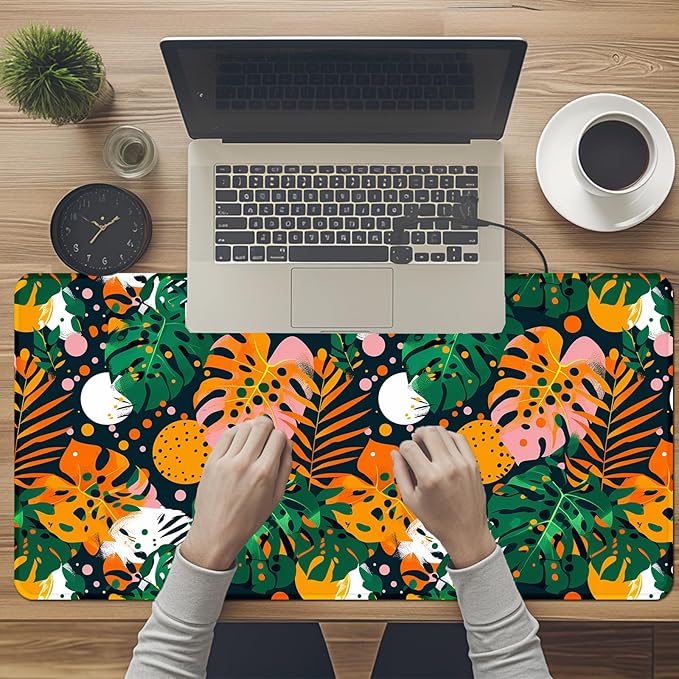 Tropical Leaves Large Mousepad 31.5 x 15.7 inch, XXL Waterproof Desk Mat Gaming Mouse Pad, Aesthetic Flowers Desktop Mat, Laptop Pad, Computer Writing Mat for Home Office Desk Decor