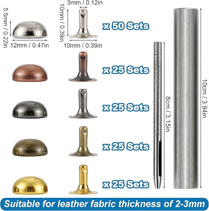 YORANYO 150 Sets 12x6mm Round Dome Leather Rivets Studs for Clothing Purse Feet for Handbags Studs and Spikes with Hole Punch and Mushroom Rivets Setter for Shoes Bags Belts Dog Collars Leather Craft