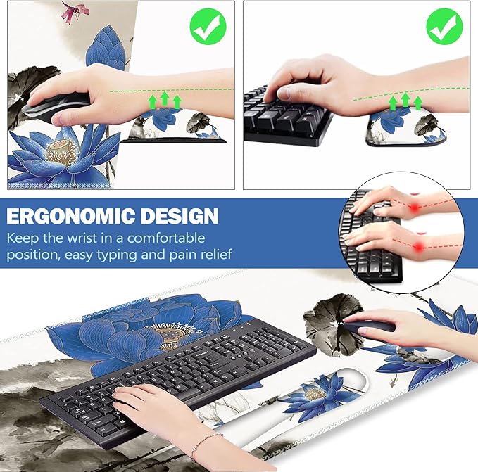 ARTSO Extended Gaming Mouse Pad Set, Keyboard Wrist Rest Support Pad + Wrist Cushion + XXL Large Mouse Pad + Coaster, Stitched Edge, Non-Slip, Memory Foam Desk Mat, Blue Lotus Ink Painting