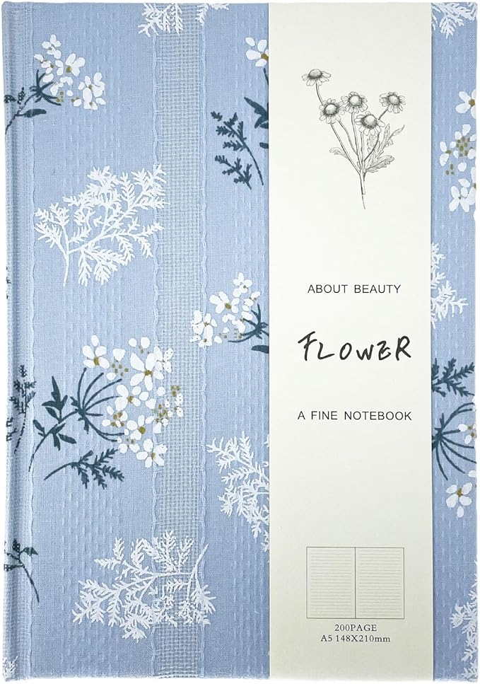 Floral Hardcover Journal for Writing, Lined Notebook for women, A5, 200 Pages, 6x8 Medium Size Notebook, Floret Printed Fabric Linen Personal Journal, Lay Flat Notebook, Reading Journal, Blue.