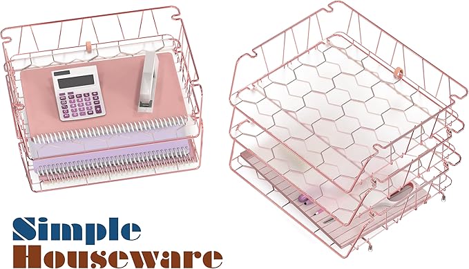 SimpleHouseware Stackable Wide Entry Desk File Document Letter Tray with Liner, Wire Grid, 3 Packs, Rose Gold