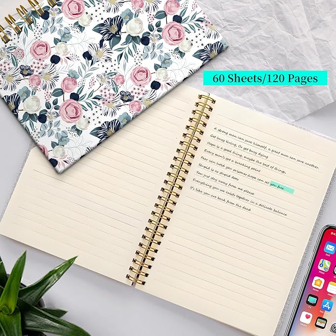Spiral Notebook Journal for Women Men, A5 Hardcover Journal, 120 Pages Thick Paper, College Ruled Writing Notebook for School, Work & Office 8.3'' × 5.9''(Watercolor Rose Floral)